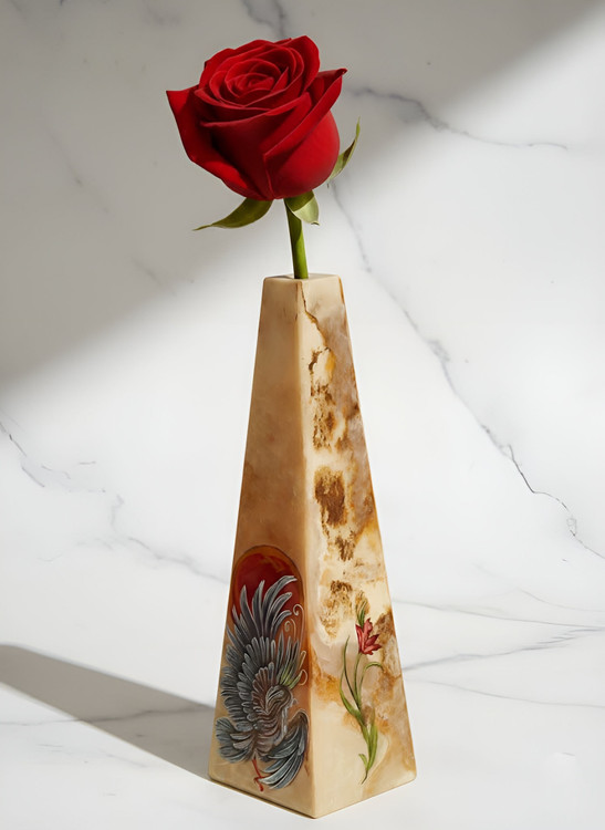 گلدان هرمی سنگ مرمر با نقاشی سیمرغ ایرانی